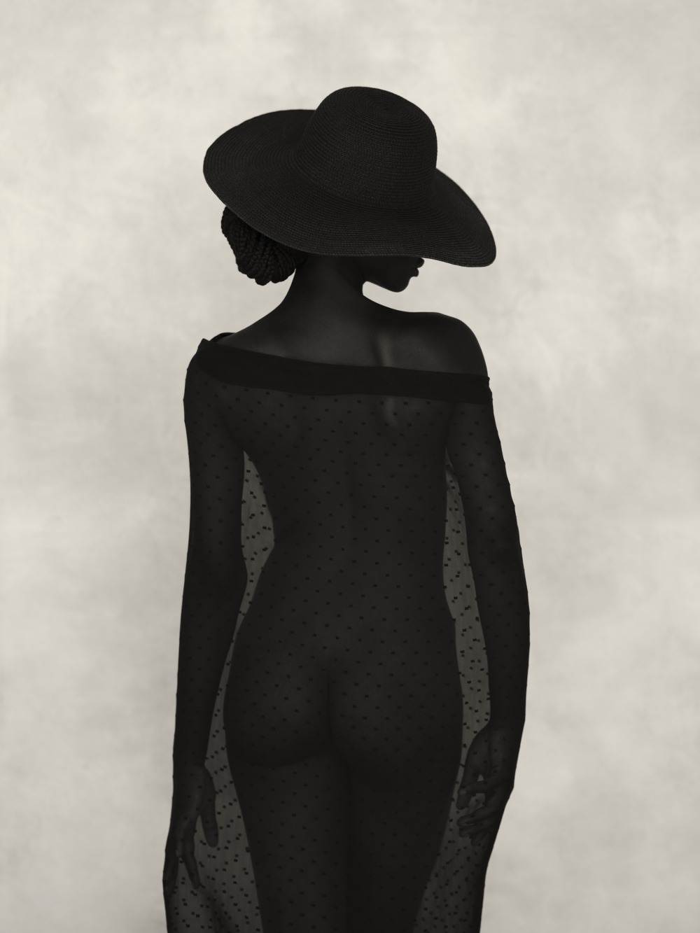 A silhouetted figure stands with their back to the camera, wearing a sheer black garment and a wide-brimmed hat, against a soft gray background.