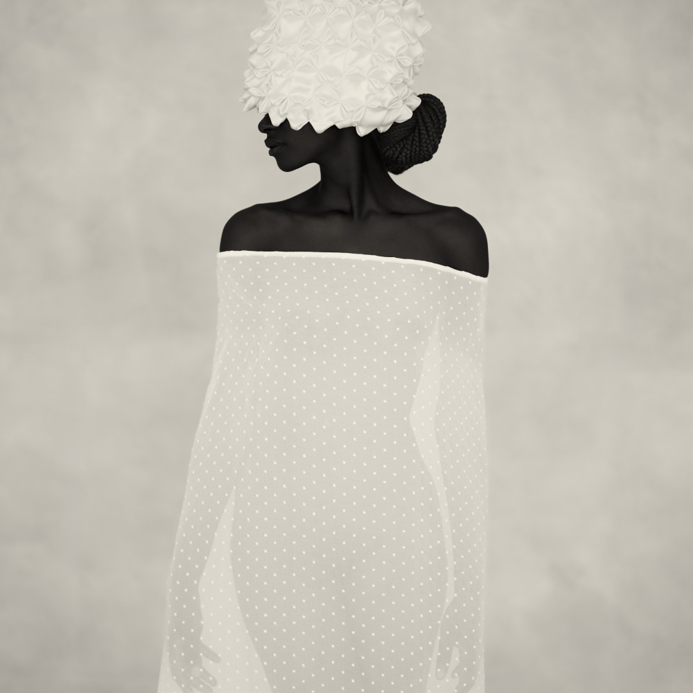 A person wrapped in a sheer dotted white fabric, wearing a textured white headpiece, standing in front of a light, soft-focus background.
